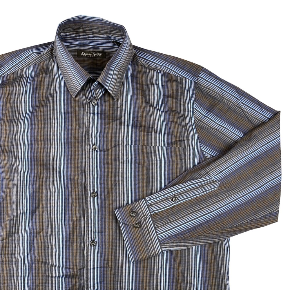 Kenneth Roberts Platinum Mens Large Blue Brown Stripe Cotton Button Up Shirt